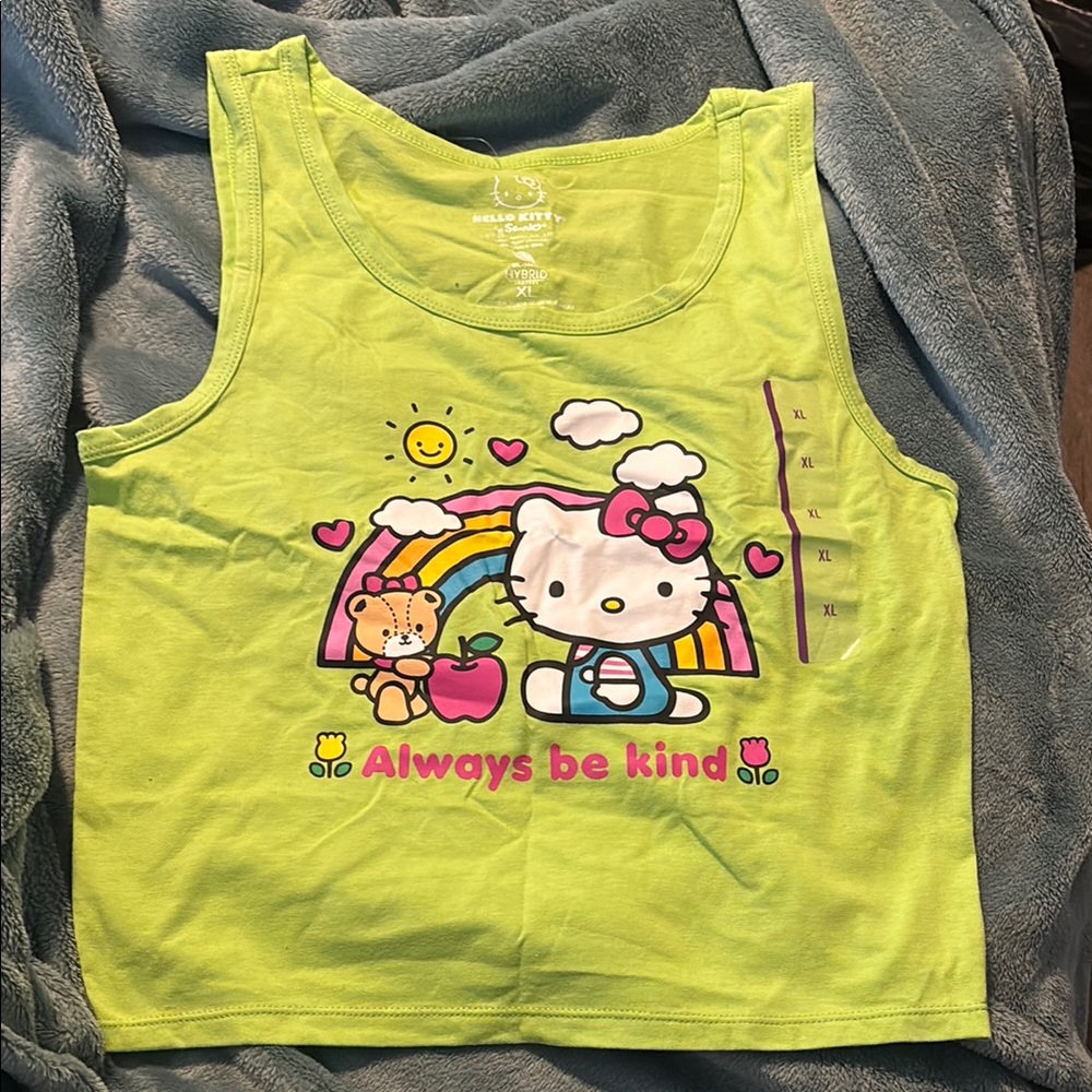 Junior's Graphic Crop Always Be Kind Tank Top by Sanrio - Lime Green Hello Kitty